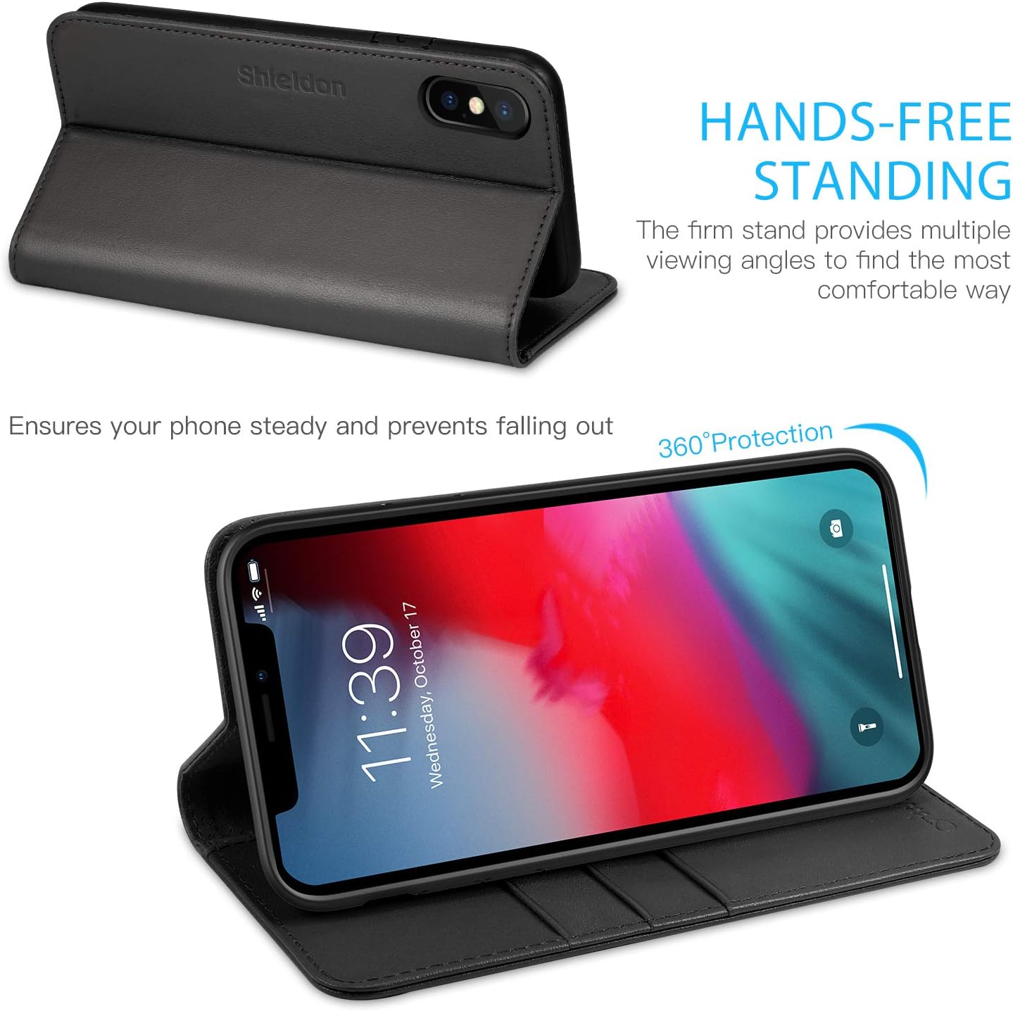 🛒 Crаzу Dеаlѕ SHIELDON iPhone Xs Case, Genuine Leather iPhone Xs Wallet Folio Case with Auto Sleep Wake Function, Magnetic Closure, RFID Blocking Card Slots, Soft Back Cover Compatible with iPhone Xs - Black