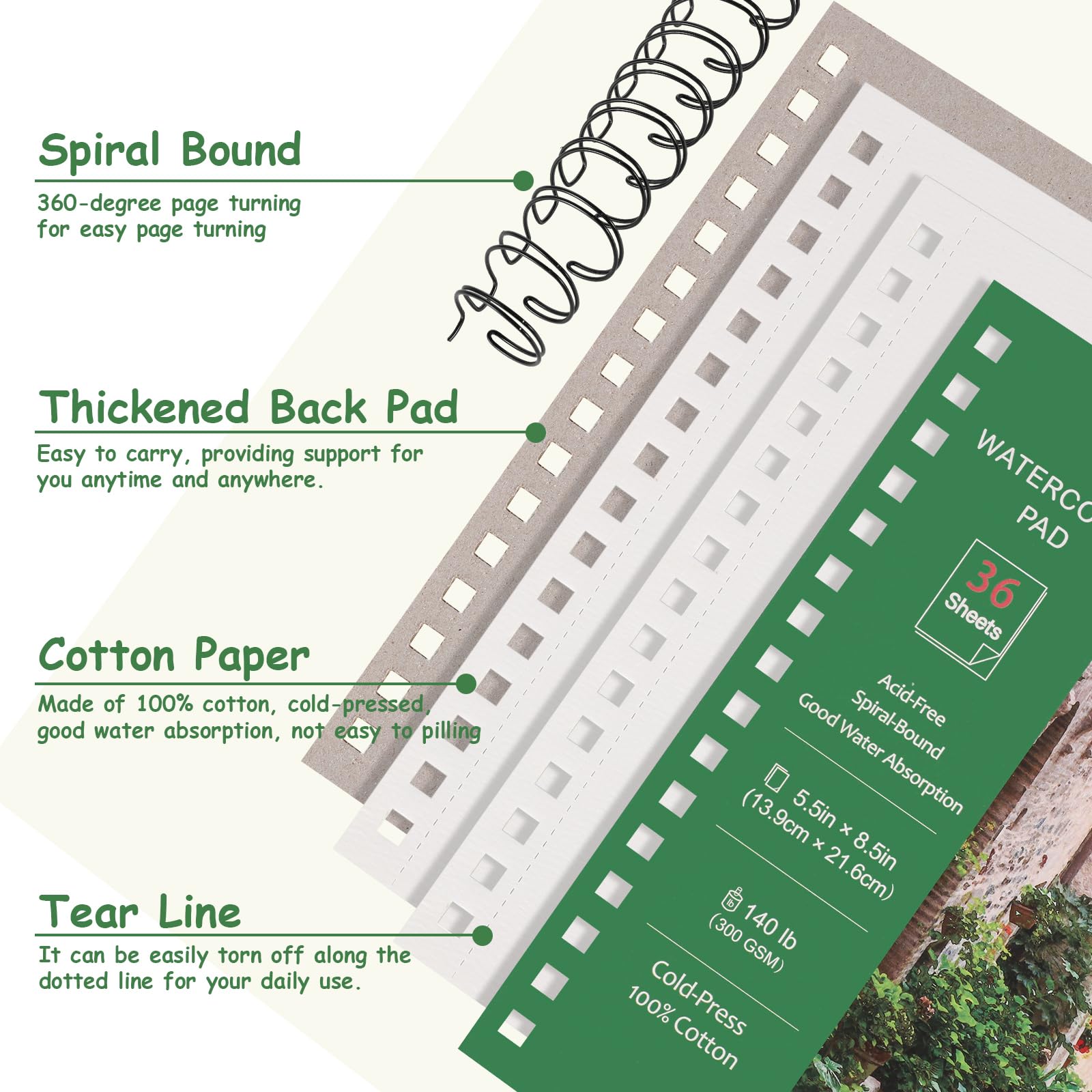 36 Sheets Watercolour Paper Pads A5, 140 lb/300 GSM Cold Press Water Colour Paper - Image 4