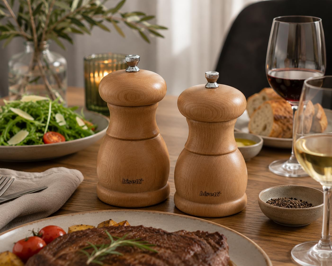Bisetti 11.5 cm / 4.5 Inch Portofino Natural Beechwood Pepper Mill With Adjustable Carbon Steel Grinder, Made in Italy