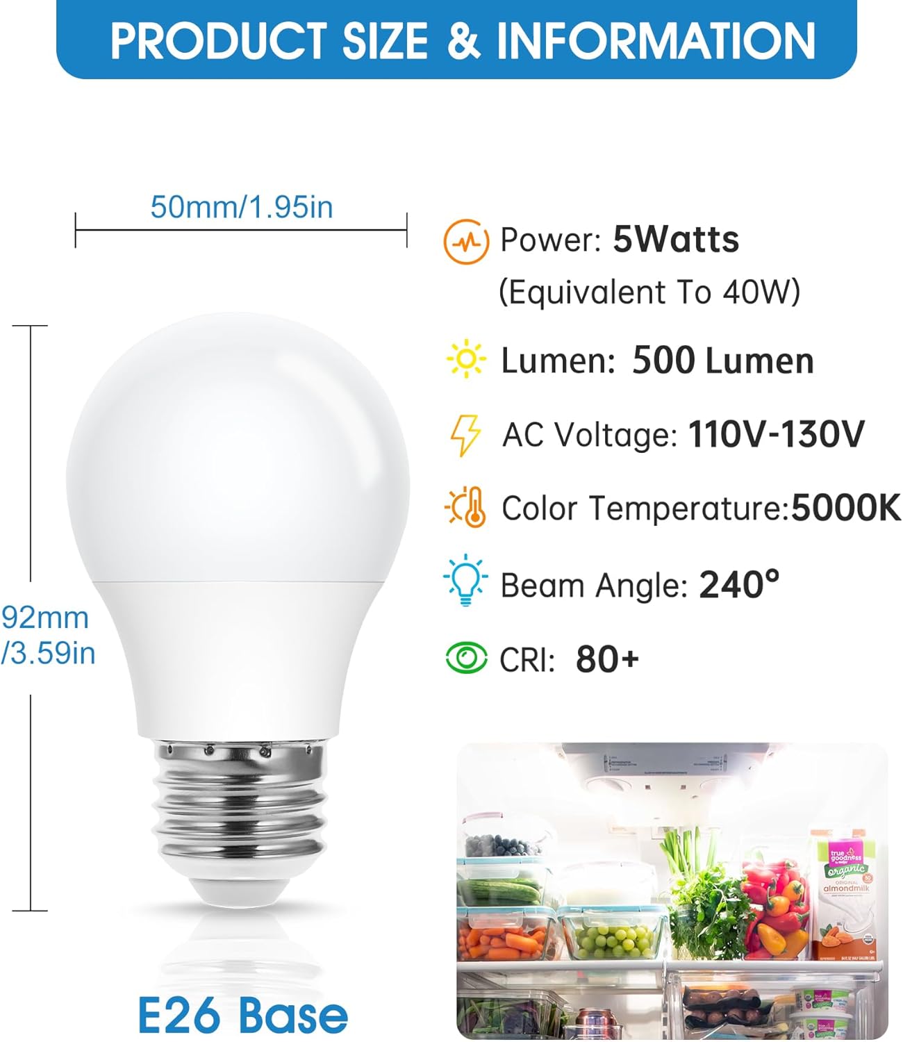 EvaStary A15 LED Ceiling Fan Light Bulbs 40W Equivalent, A15 LED Light Bulb 5000K Daylight White, E26 Small Light Bulb for Refrigerator, Ceiling Fan, Appliance Bulb, Bedroom, Non-Dimmable, 4 Pack