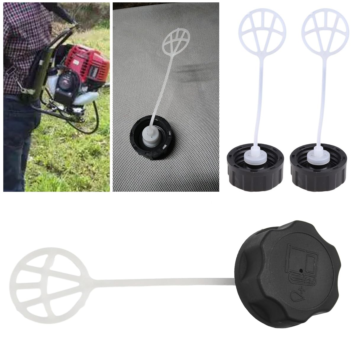 Paquete de 4 tapas de combustible para malezas, cortador de cepillo de gas, bordeadora de césped, cortasetos, tapa de plástico negro para 43 CC, 52 CC, CG430, CG520, BC430, BC520