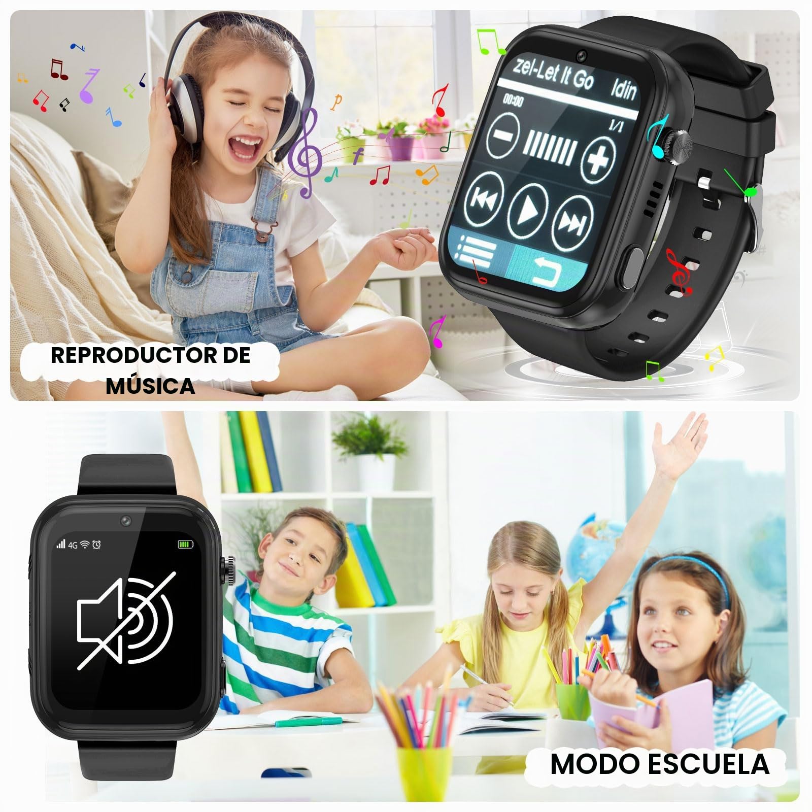 OKYUK Reloj Inteligente 4G para Niños con Botón de Llamada de Emergencia SOS, Alternativa al Teléfono Celular para Edades 3-12 Años (Negro)