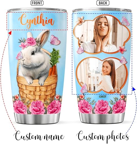 Miniatura 2 de Vaso de café con foto personalizada, taza de viaje de conejo con tapa, nombre personalizado, regalos de cumpleaños para niñas, mujeres, hijas,