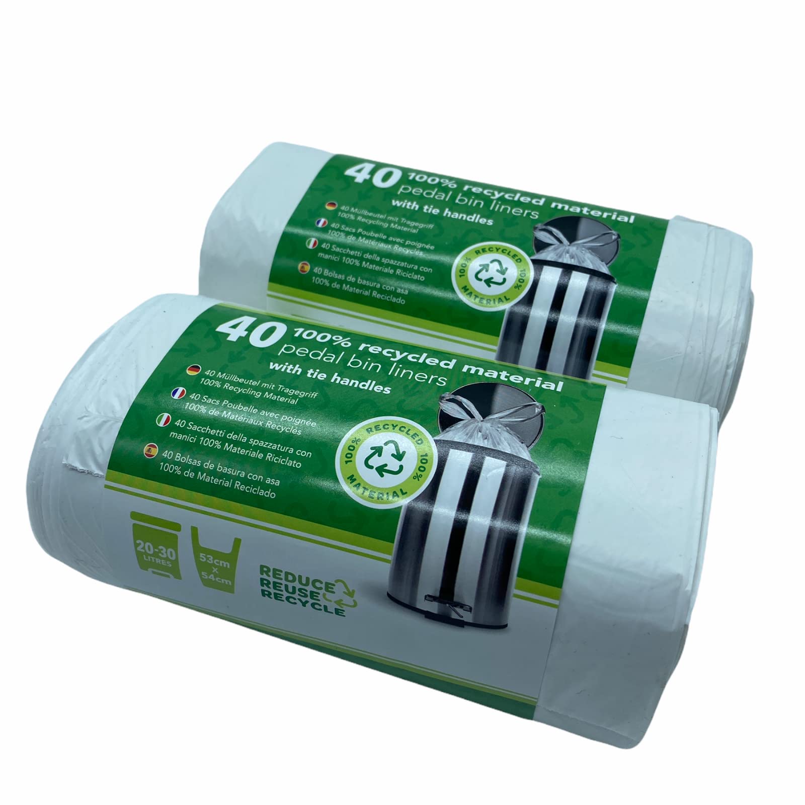 Evaness White 80 Bags Tie Handle Pedal Bin Liners 20L/30L – 100% Recycled Bags