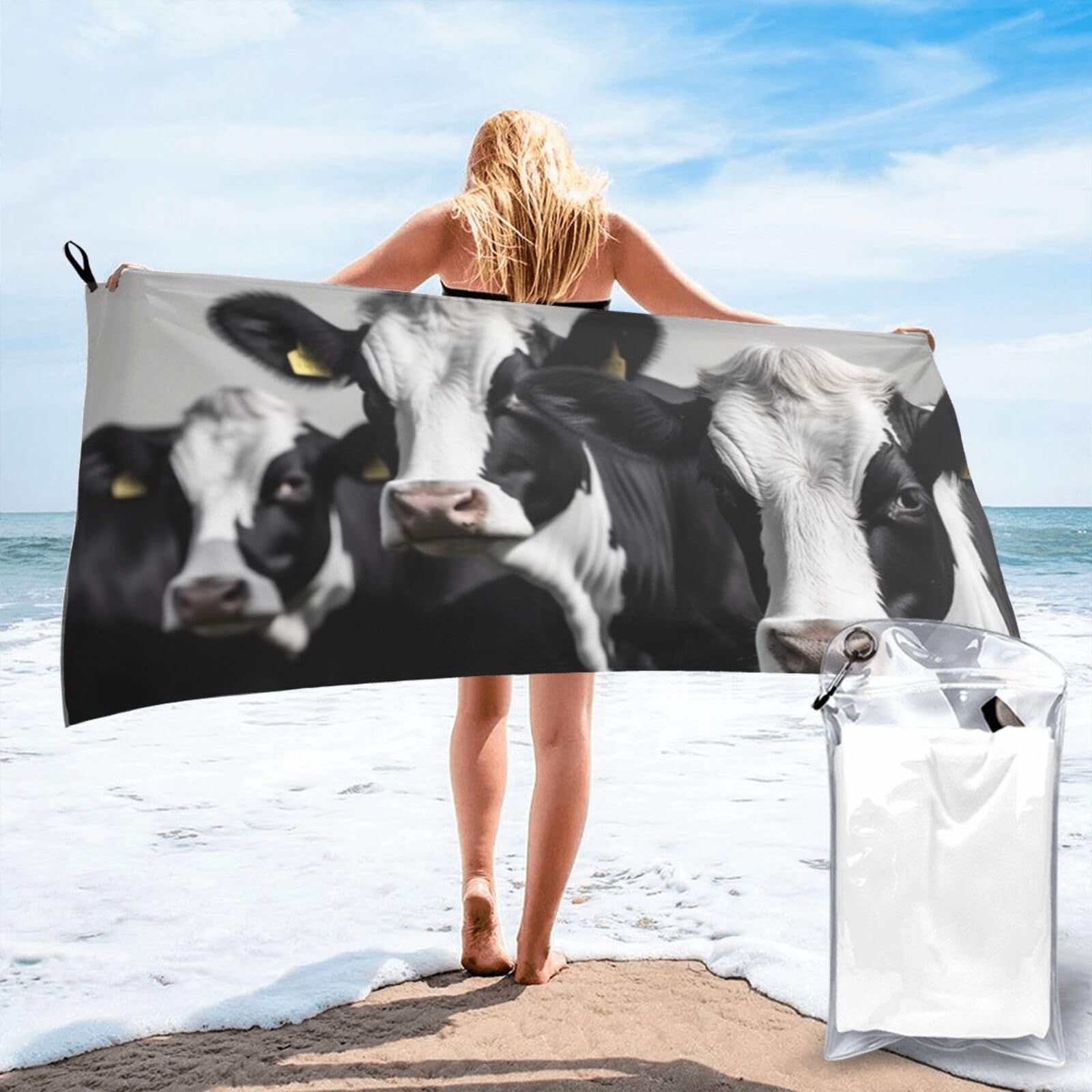 DWVTSLH Microfiber Sand Free Beach Towel 27.5"x55", Quick Dry Absorbent Travel Towel Large Camping Blanket, Black White Cows Bath Towels Lightweight Pool Swim Towels for Vacation Essentials
