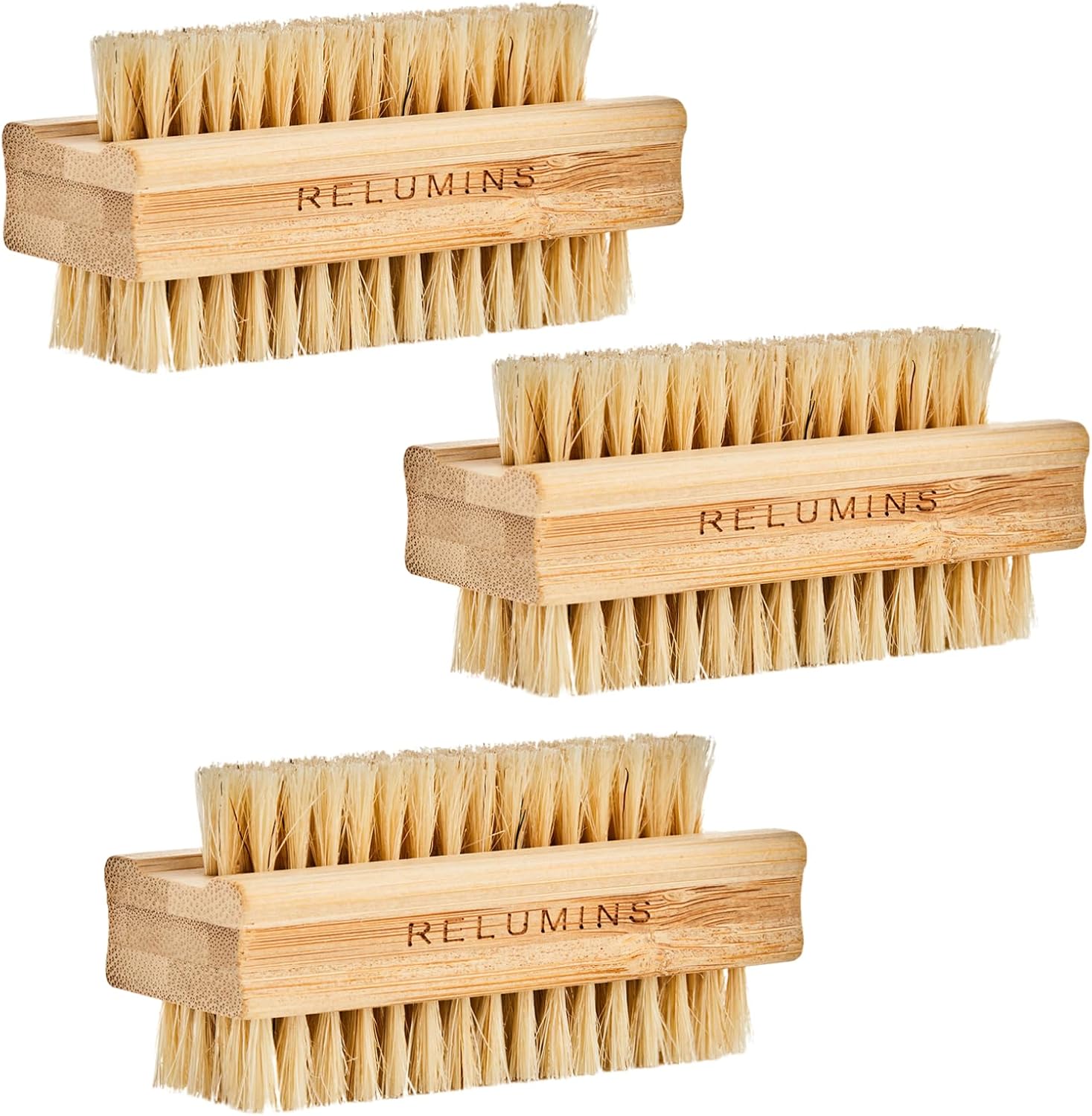 Relumins Dual Sided Nail Brush Bamboo Handle Bristle Exfoliating Tool for Hand Foot Care Grooming Travel Hygiene Use – 3 PC Set