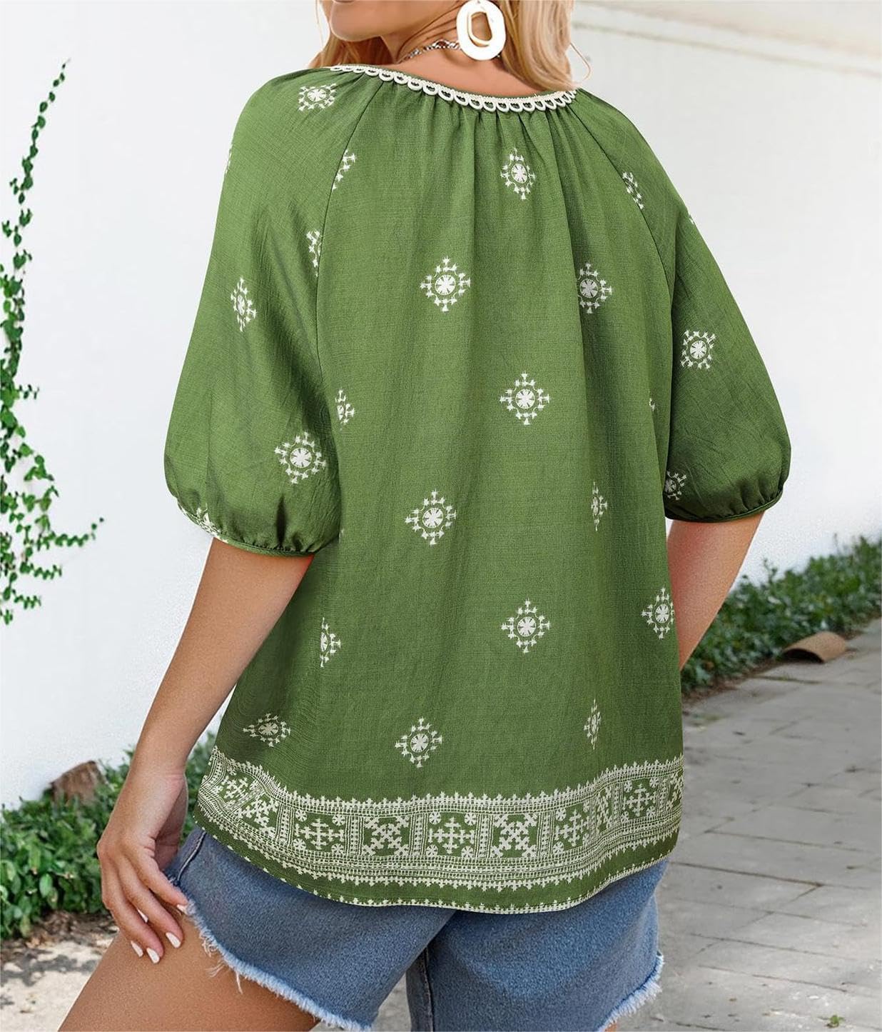 Chvity Womens Summer Boho Tops Flowy Floral Print Shirt Tie Front Vacation Clothes Casual V Neck Short Sleeve Blouses - Image 6