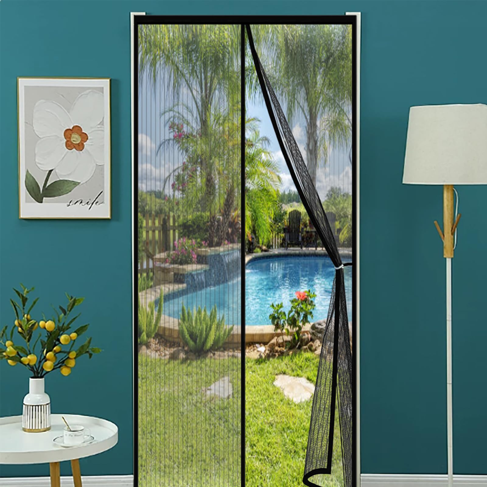 Fly Screens Doors Nets 112 x 218 cm Keep Bugs Out Lets Fresh Air in Patio Curtain Insect Mesh with Powerful Magnets for Patio French Door Bedroom, Balcony, Black