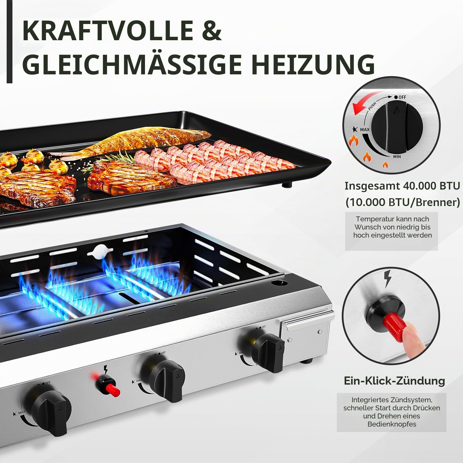 ROVSUN Gasgrill Camping Gas Grill Camping Tischgrill aus Edelstahl, mit 4 Brennern, 9,6 kW, Emaillierter Antihaft-Grillplatte & Ein-Klick-Zündung für Camping, Garten & Strand, 76x39x16 cm