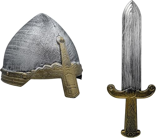 Casco medieval de caballero cruzado vikingo y accesorio de disfraz de daga medieval PlateadoDorado talla única