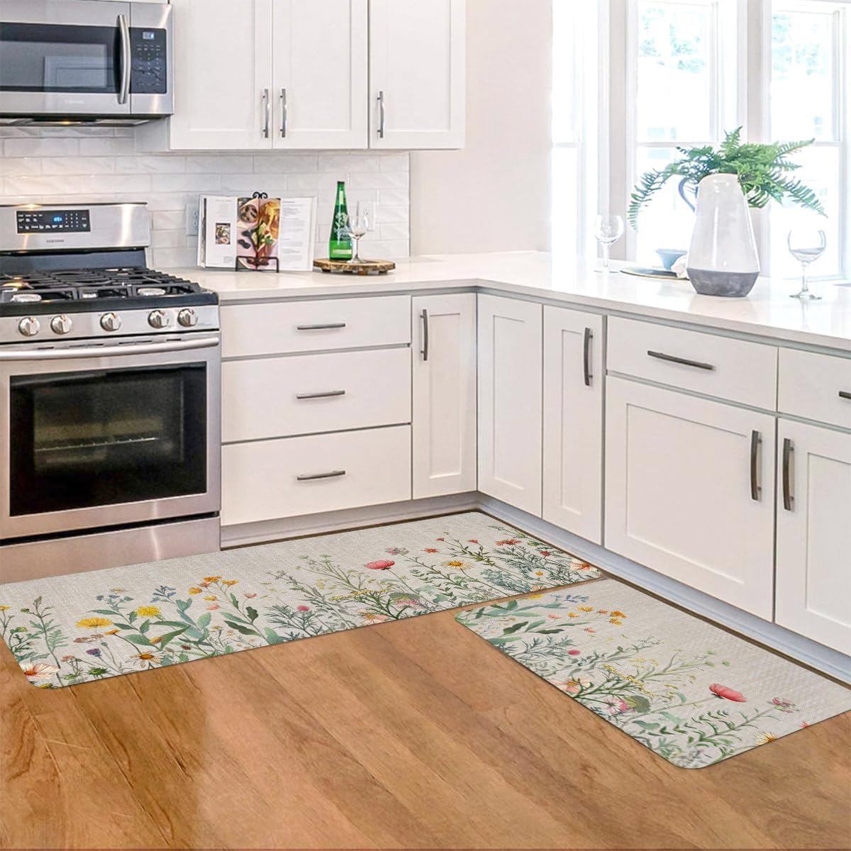 Wildflower Floral Kitchen Rugs Set of 2- Cotton Linen Blend Floor Mats(17.7''x29.5''+17.7''x47'') - Washable Non-Slip Kitchen Mats for Home Office Bedroom Bathroom Laundry