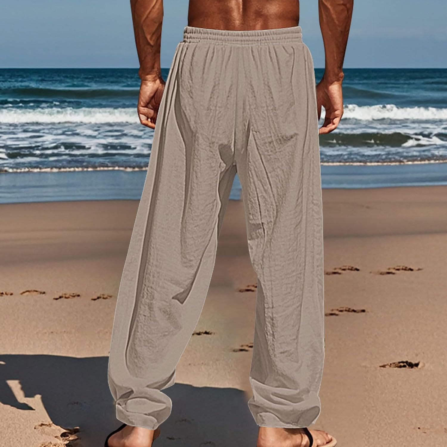 HJINGSUN Mens Linen Pants Beach Casual Coconut Tree Graphic Lounge Pants Lightweight Breathable Summer Beach Yoga Trousers