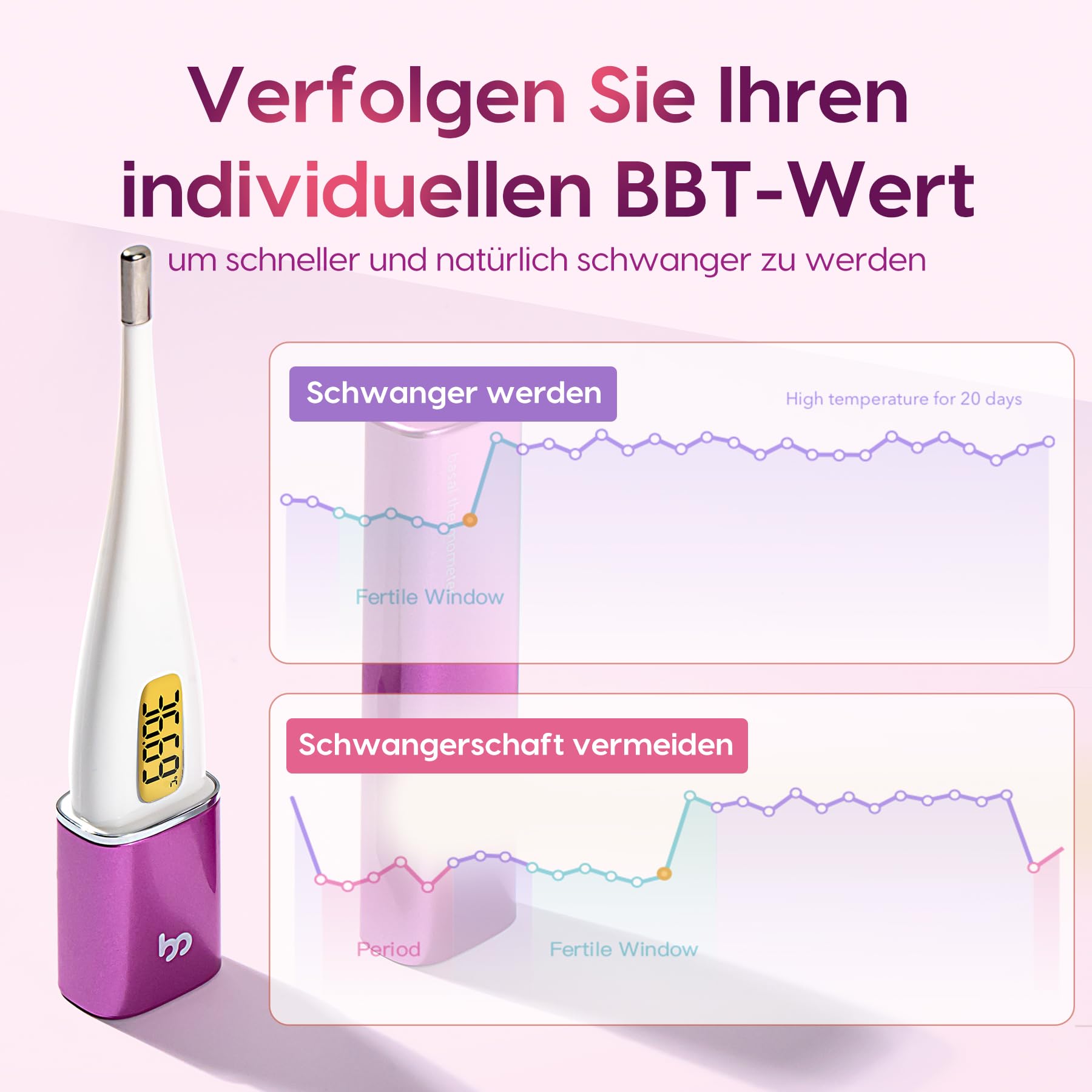 Thermomètre basal pour enfant - Thermomètre de fertilité pour le suivi de la fertilité et de l'ovulation (rose)