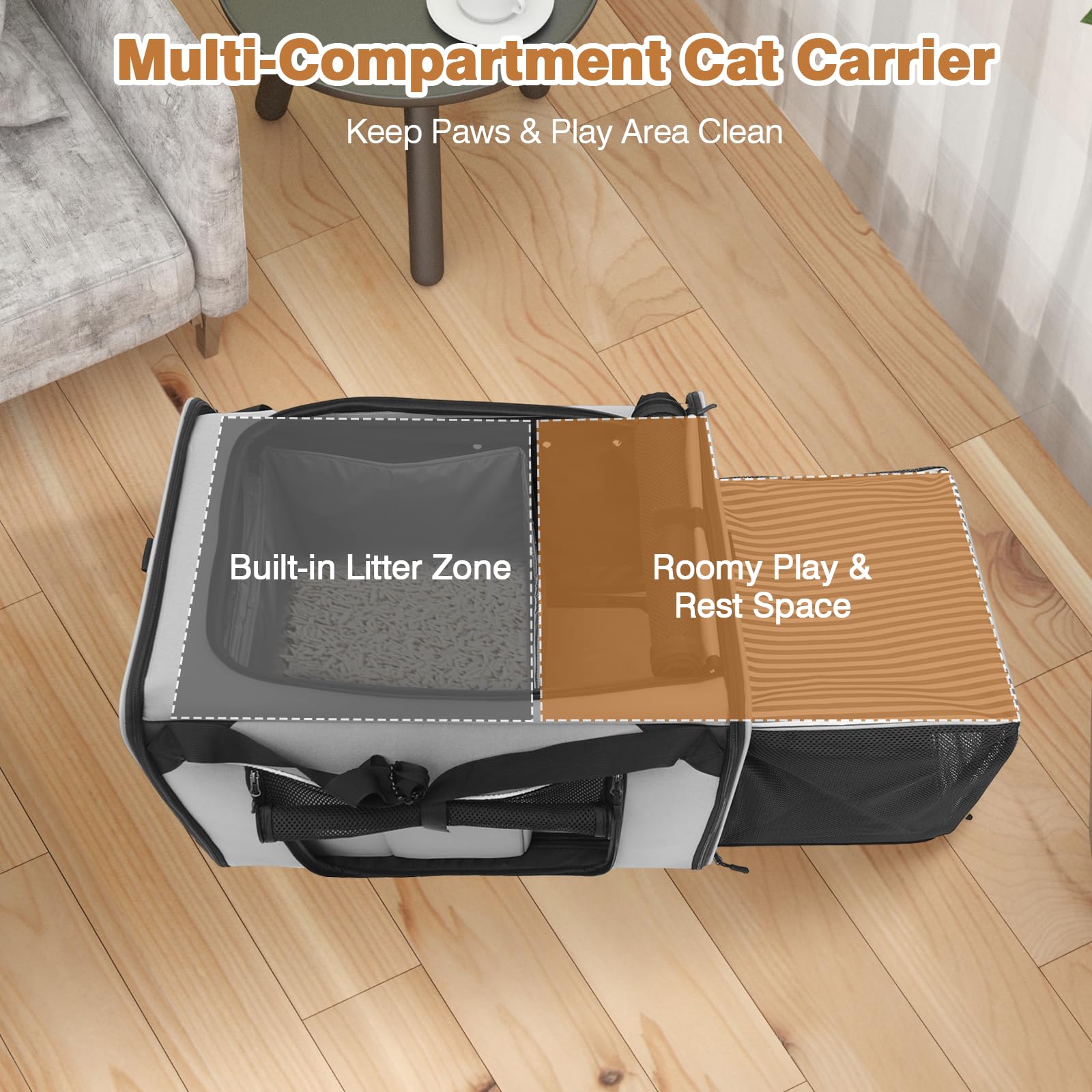 Trasportino per Gatti Pieghevole con Lettiera per Gatti, 60x42x57 cm, Grigio