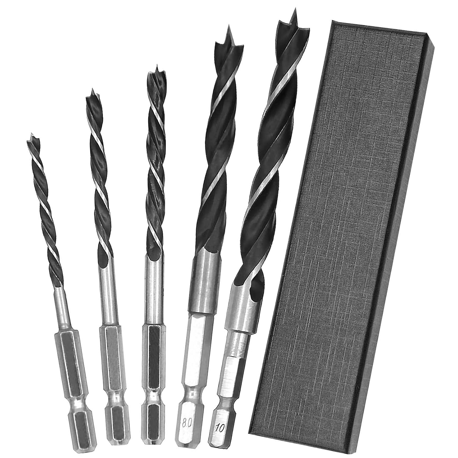 JONMON Brad Point Drill Bits Set - 4-10mm 3 Point Quick Change Hex Shank Woodworking Countersink Bits, HSS Carbon Steel Spiral Twist Counter Sinker Drilling Tool for Wood, Plastic,5Pcs