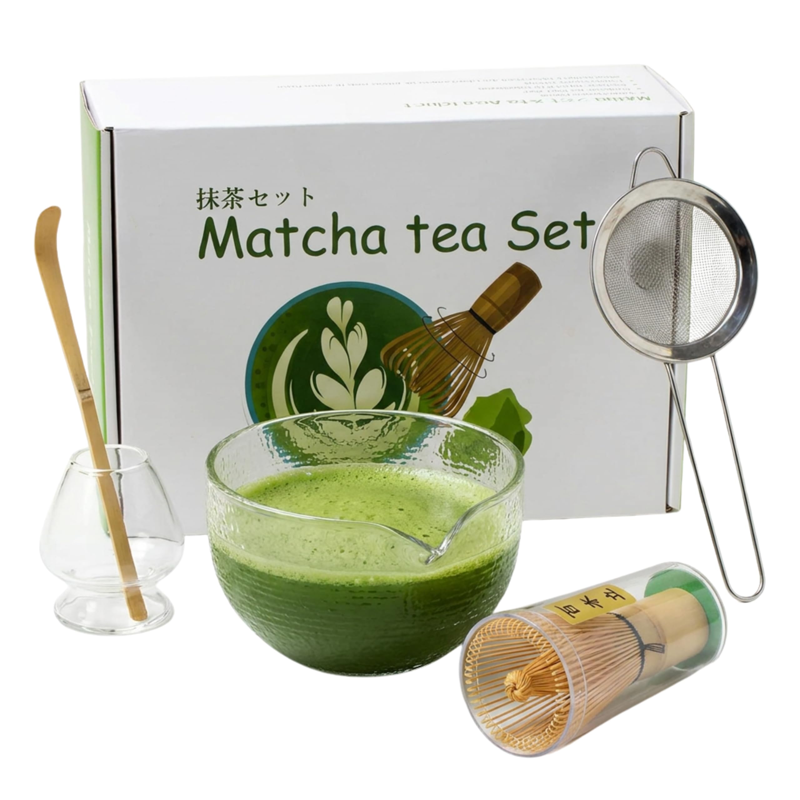 Matcha Set 5 Pcs, Traditional Matcha Whisk Set, Bamboo Whisk and Matcha Bowl Set with Spout, Complete Matcha Kit with Matcha Tea Set Accessories, Ideal Matcha Making Mixer Gift