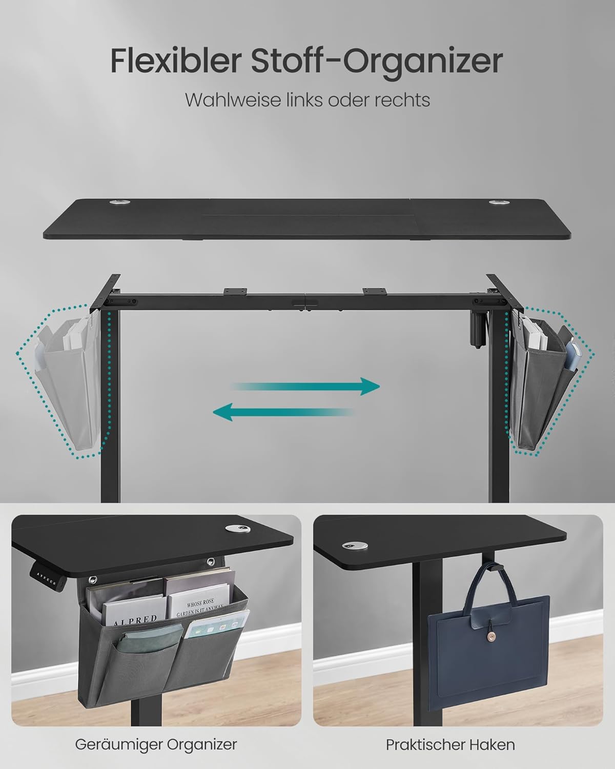 Image showing the flexible fabric organizer attached to the desk, and a bag hanging from the integrated hook.