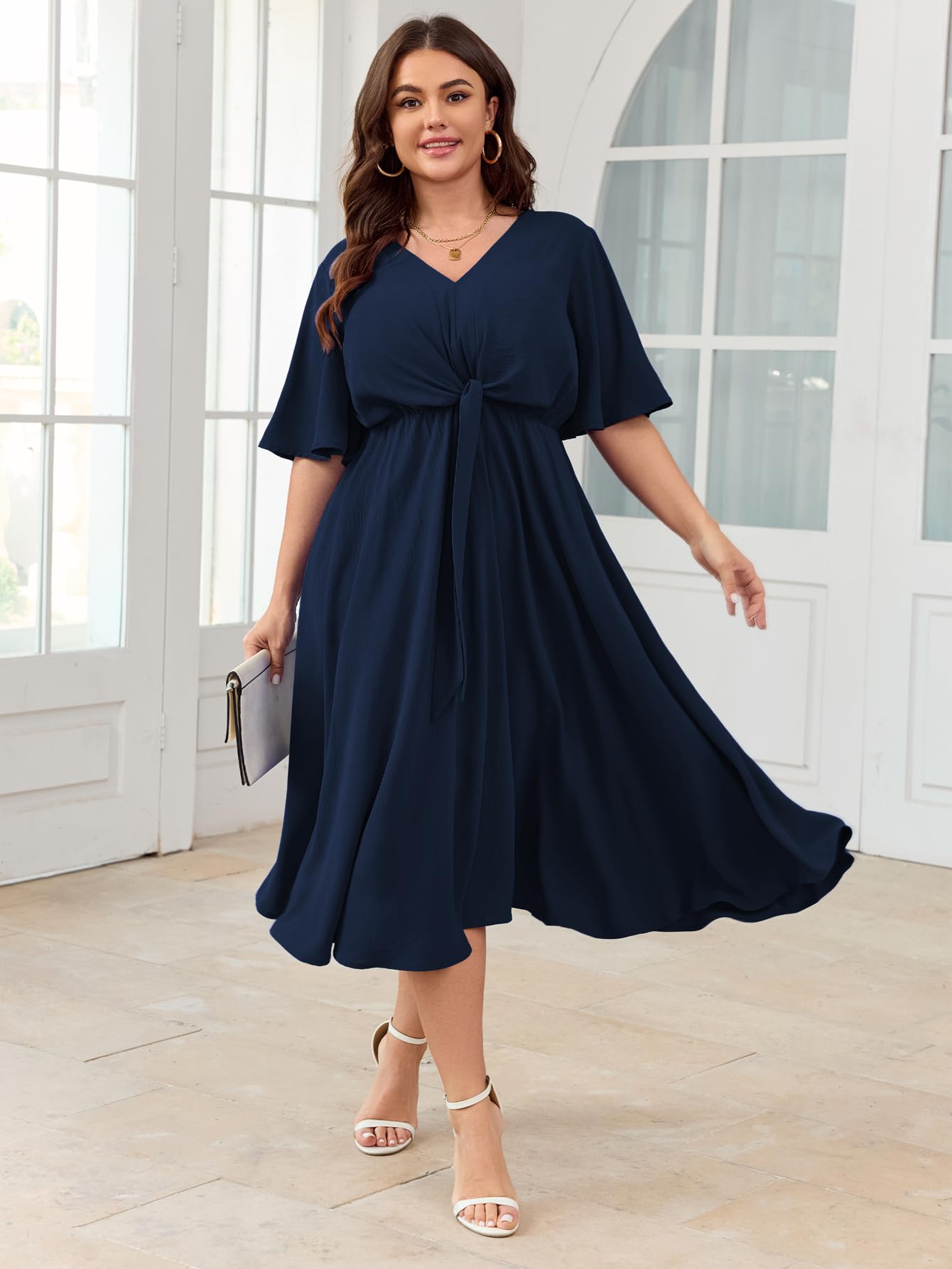 SCOMCHIC Vestido midi para mujer, talla grande, para invitada de boda, manga corta, cuello en V, lazo en la cintura, casual, de verano, vestido acampanado