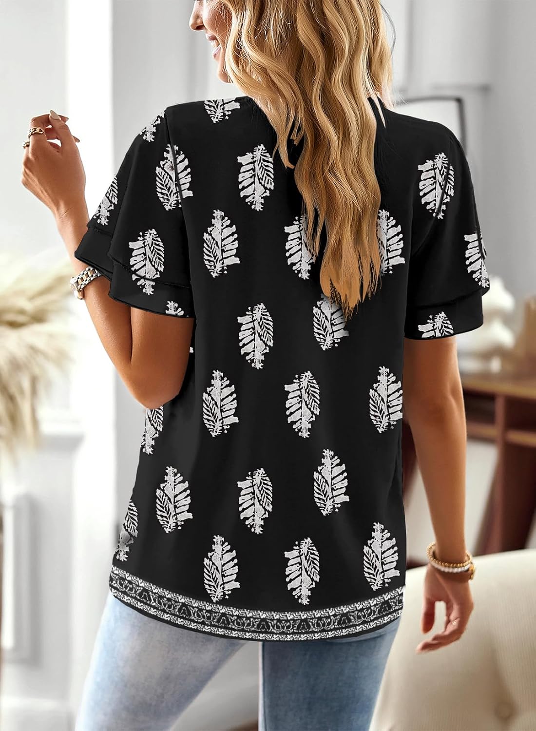  Womens Tops Boho Flowy Shirts Dressy Casual Short Sleeve Blouses | V Neck Loose Fit Blouses, Business Work, Hide Tummy, Lace Ladies Summer Outfits, Swiss Dot, Babydoll Crochet Clothes XS-6XL thumbnail