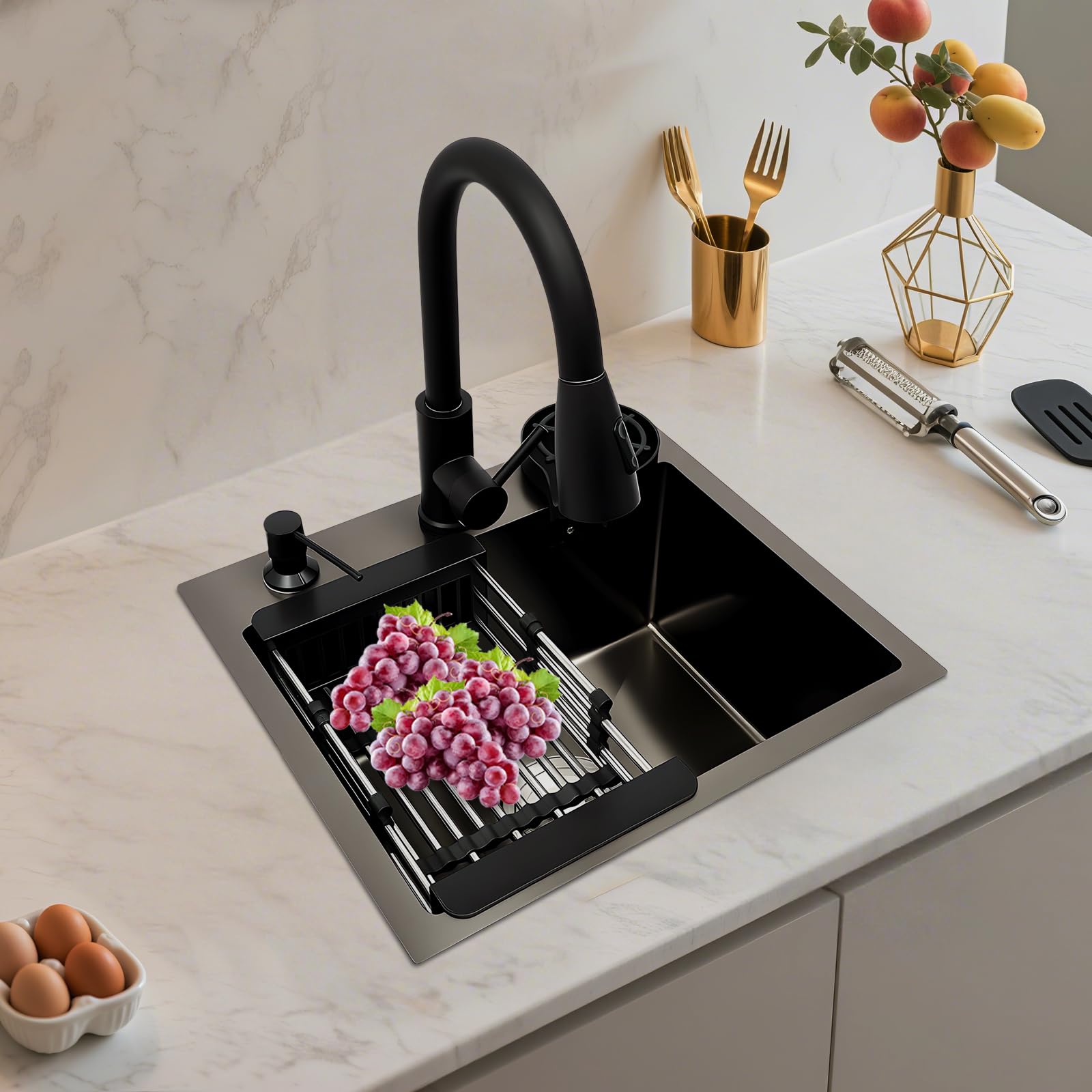 Fregadero de cocina de 45 x 40 cm, color negro, 1 cuenco, con grifo extensible y lavavajillas de tazas, fregadero cuadrado empotrable de acero inoxidable con escurridor y dispensador de jabón