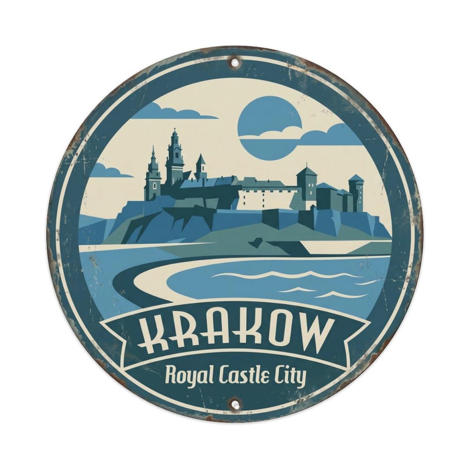 Vintage Travel Krakow Poland Castle Metal Tin Sign Plaque Wall Decor for Cafe, Club, Garden Round Metal Poster 8x8Inch