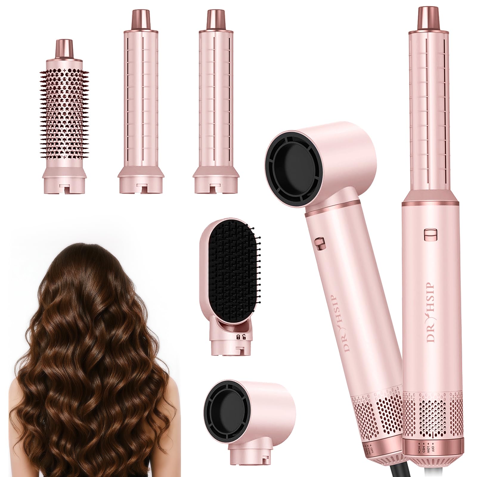 Dryhsip Cepillo Secador, Cepillo de Aire Caliente 5 en 1, Secador y Moldeador con Cabezales Desmontables (Rizador, Voluminizador, Alisador, Rizador), Viaje Ligeros para Mujeres (Sakura)