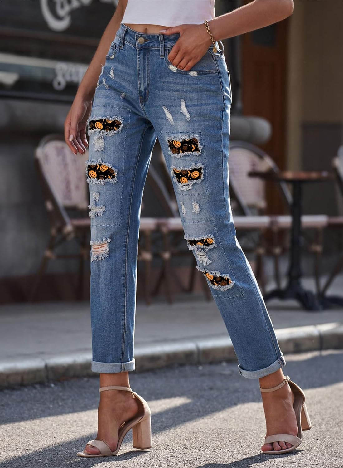 EVALESS Ripped Jeans for Women Plaid Patch Boyfriend Skinny Distressed Denim Jean Pants