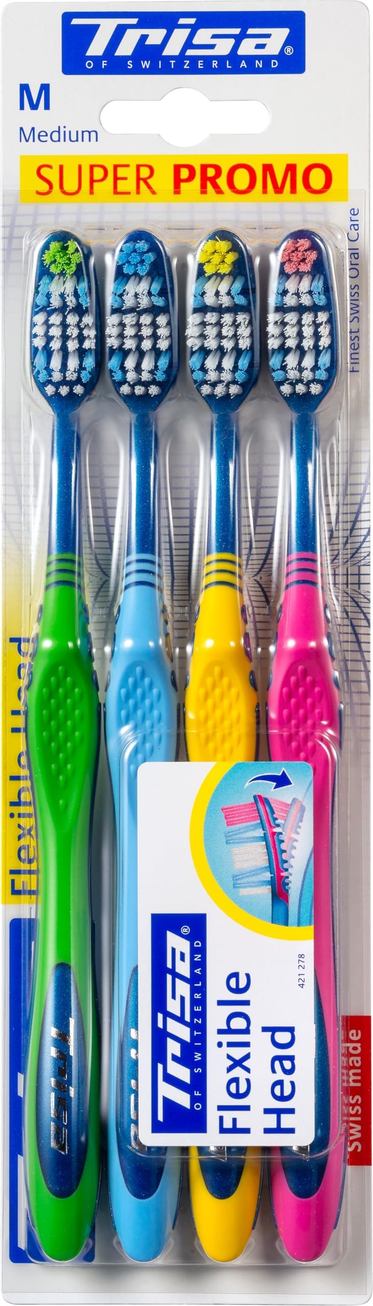 Flexible Head Adult Medium Toothbrush, Finest Swiss Oral Care, Ergonomic handle, Unique design, Assorted Color (Pack Of 4)