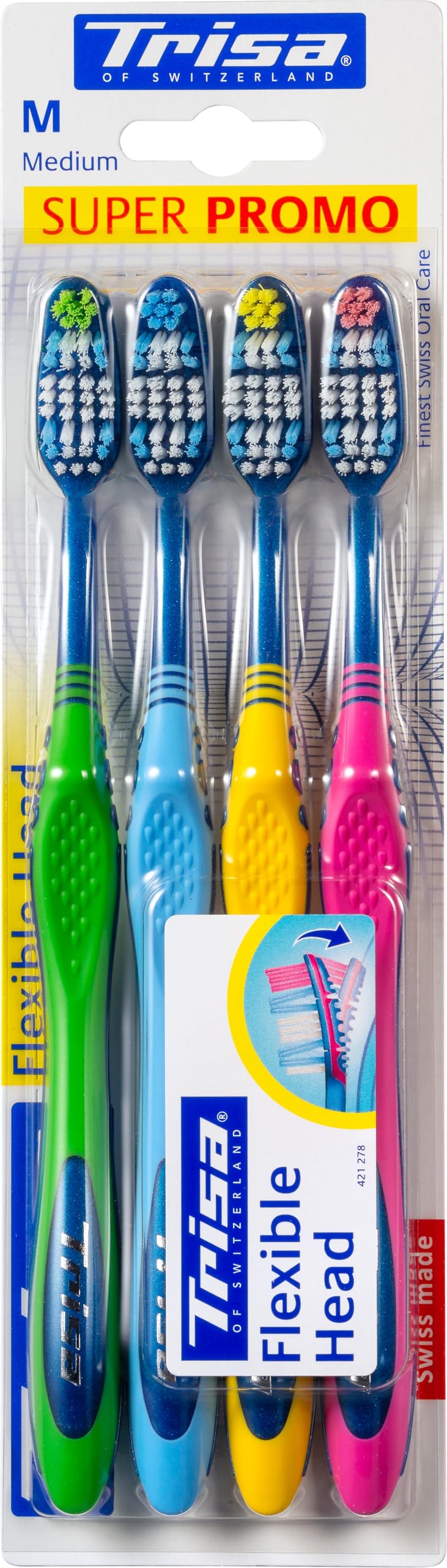 Trisa Flexible Head Adult Medium Toothbrush, Finest Swiss Oral Care, Ergonomic handle, Unique design, Assorted Color (Pack Of 4)