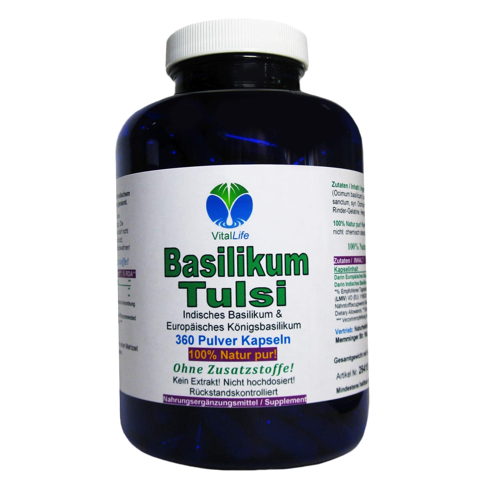Basilikum Tulsi 360 Pulver Kapseln NATUR PUR NICHT hochdosiert KEIN EXTRAKT OHNE ZUSATZSTOFFE OHNE FÜLLSTOFFE. 26418