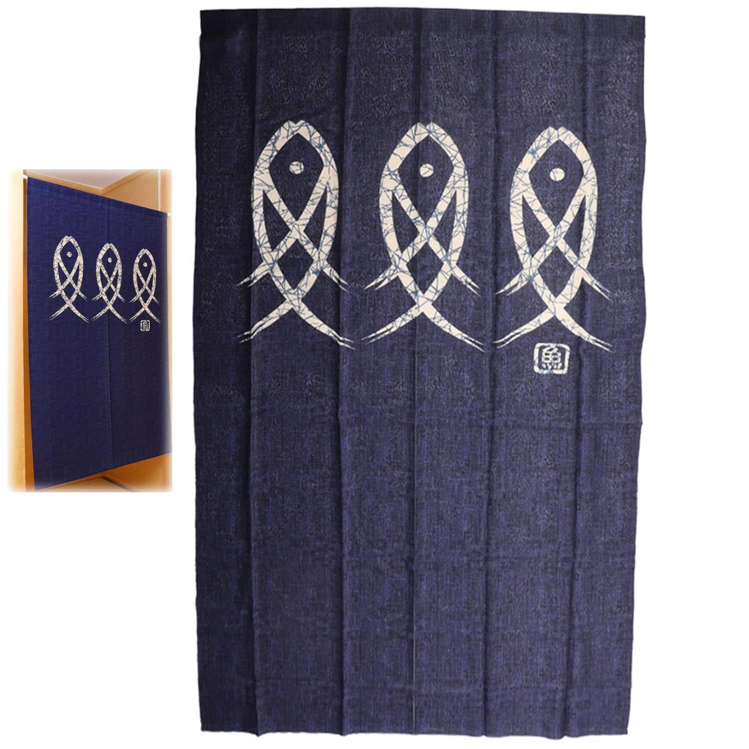 Tissting Tenda Porta Stile Giapponese, Arazzo Decorativo Noren con 3 Pesci, 150x85 cm, Tessuto di Alta Qualità per Ristoranti, Bar, Sala da Tè