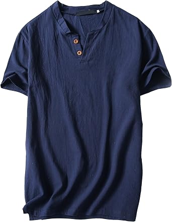 Mens Vintage Short Sleeve Solid Beach T-Shirts Cotton Linen V Neck Casual Tees Button Lightweight Summer Tops