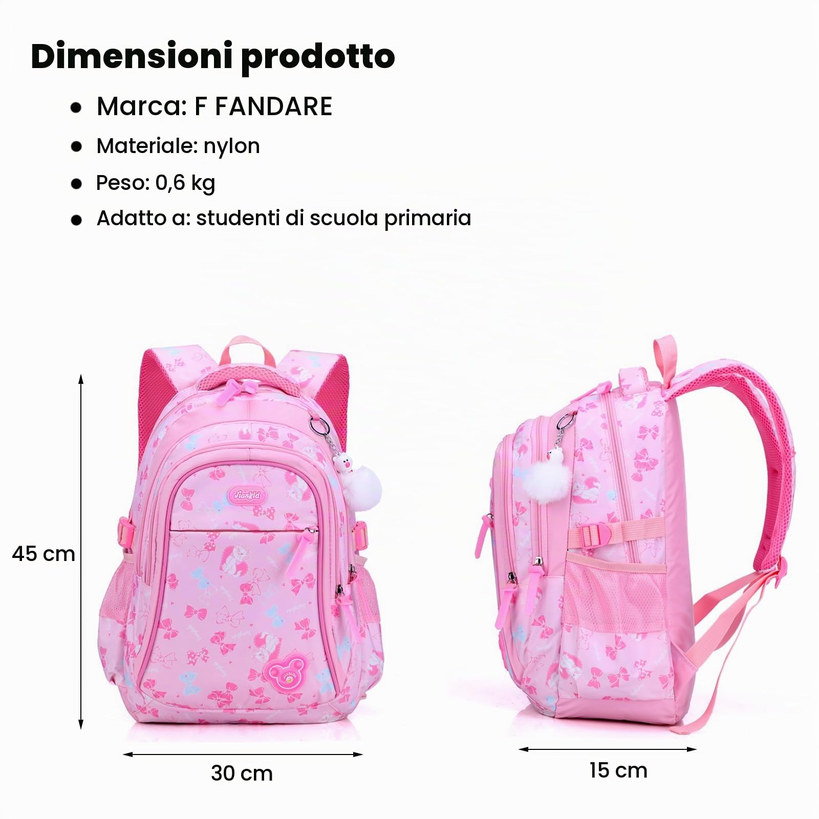 FANDARE Zaino per bambini Zaino Scuola Ragazze Elementare Adolescente Zainetto Daypacks per laptop - per Scuola Lavoro Escursioni Viaggi Impermeabile Nylon Rosa