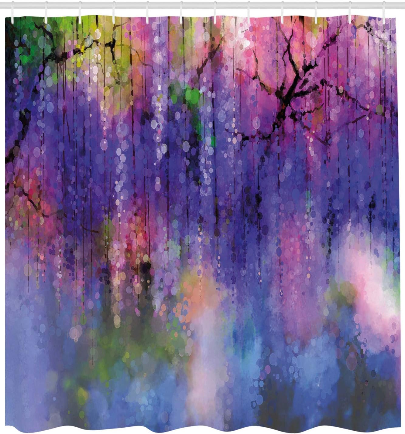 Ambesonne Flower Shower Curtain, Misty Vogue Wisteria Back Tree Branches Defocus Mysterious Scenes from Nature Style of a Print, Cloth Fabric Bathroom Decor Set with Hooks, 69" W x 84" L, Violet Pink