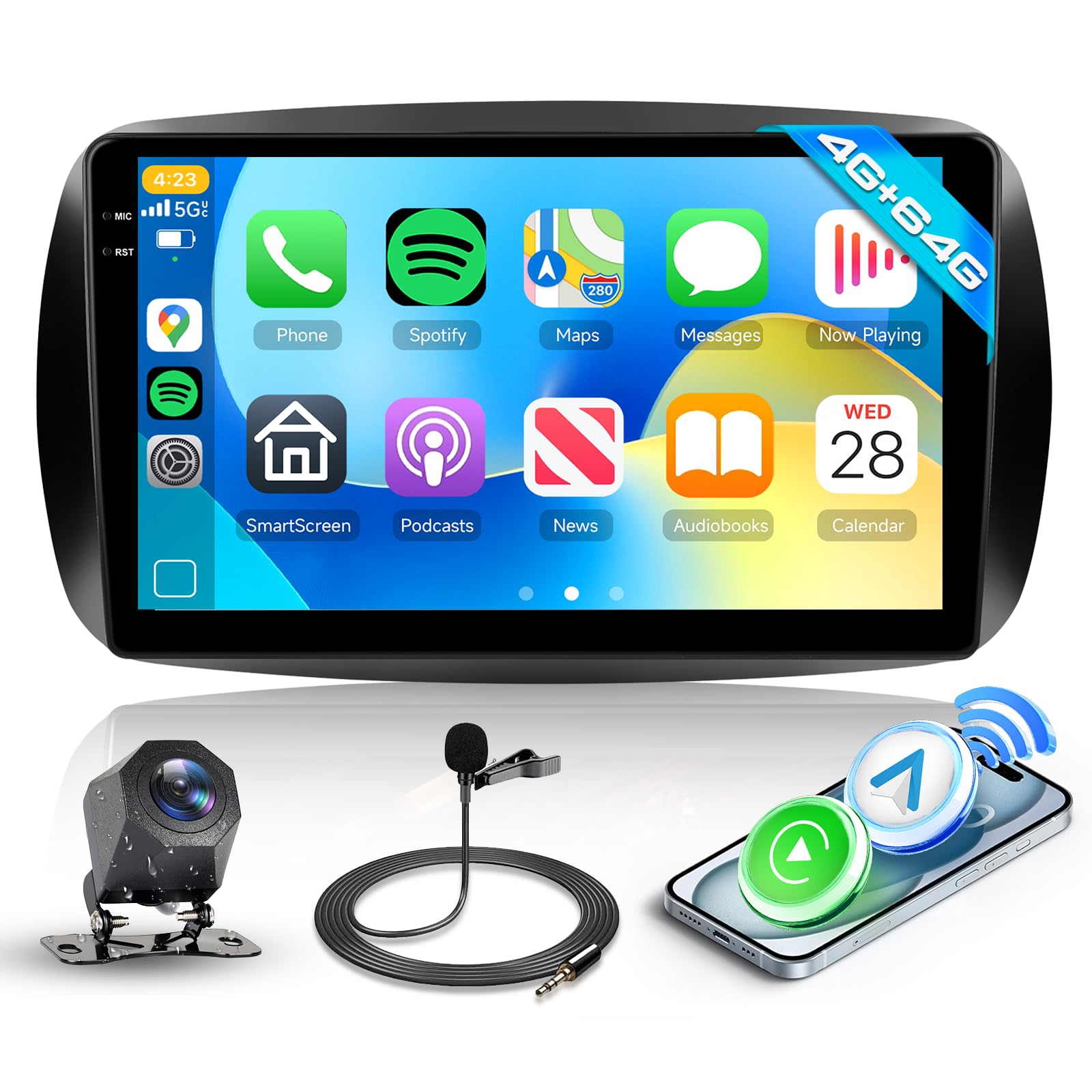 Hodozzy 4G+64G Radio para Mercedes Benz Smart 453 Fortwo 2014-2020 Android 9 Pulgadas InCell Pantalla Táctil GPS Carplay Inalámbrico Android Auto, Radio Coche 2 DIN Bluetooth DSP WiFi FM RDS Cámara