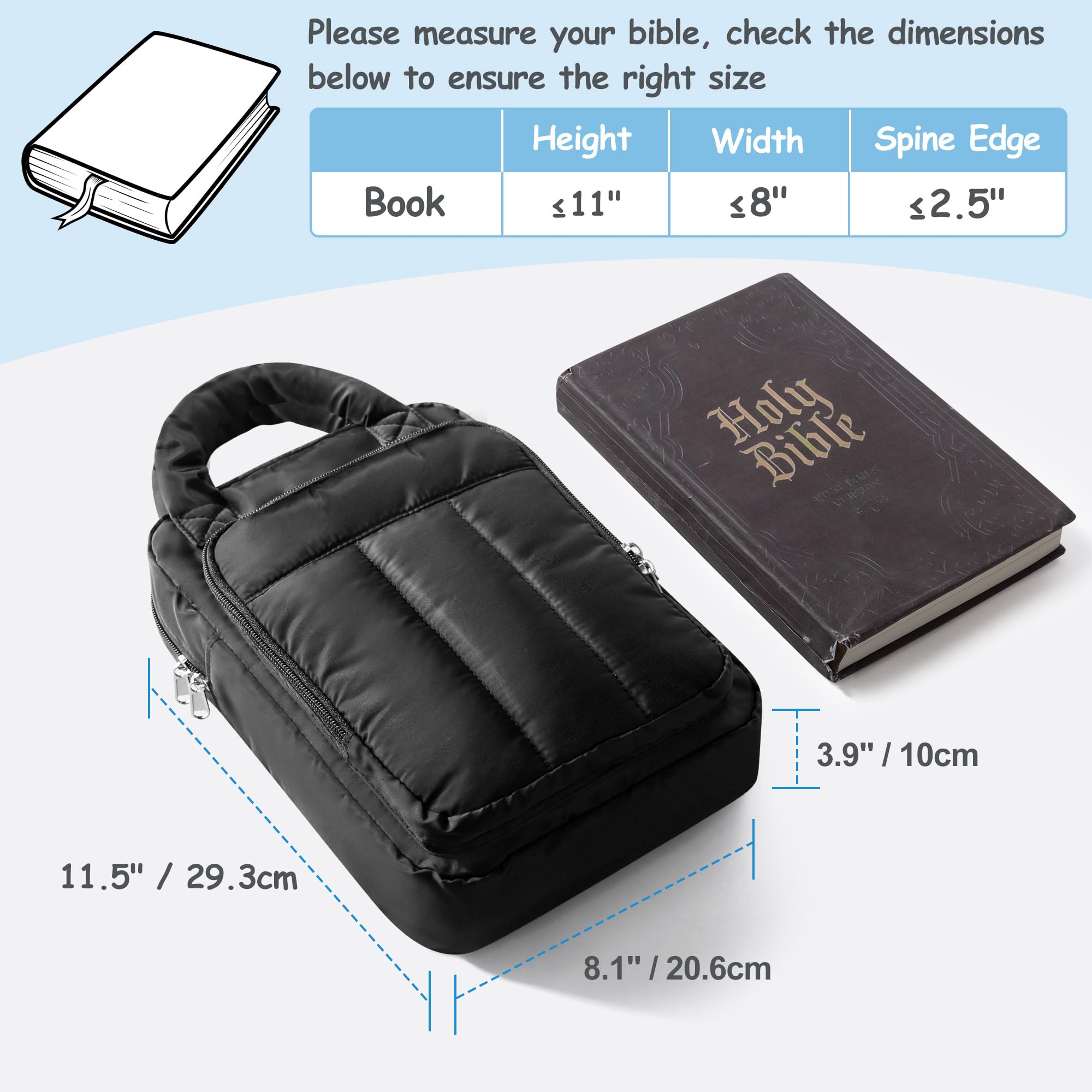 Estuche para Biblia para Mujer, Bolsa con Cremallera, Estuche para Libros, Bolsa de Iglesia para Material de Estudio, Negro
