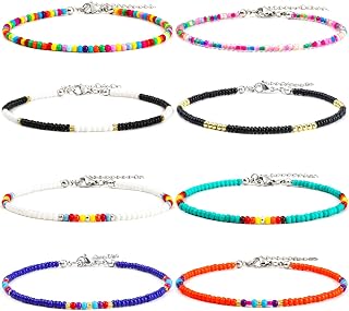 XIJIN 8PCS Handmade Boho Beaded Anklets for Women - Colorful Adjustable Ankle Bracelets Set for Beach Summer