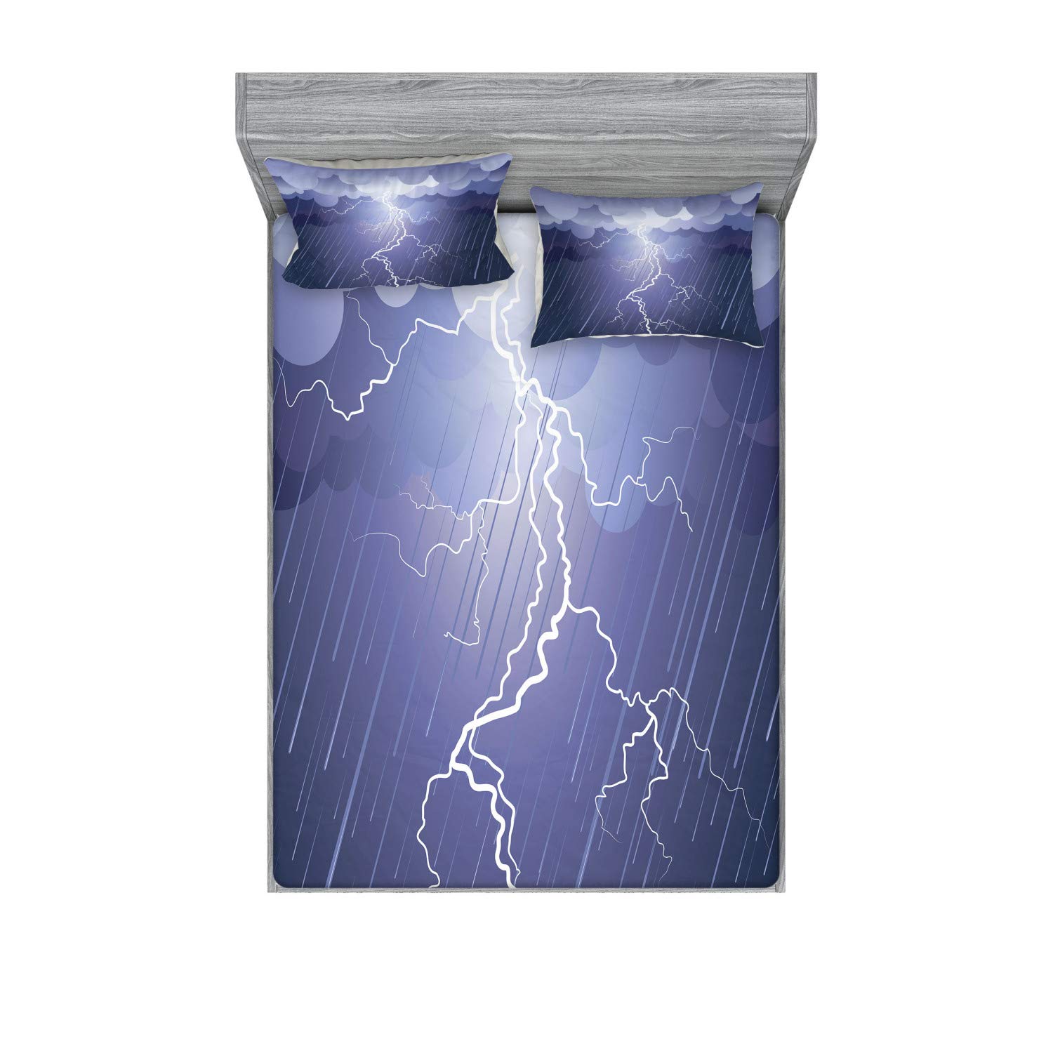 Ambesonne Night Fitted Sheet & Pillow Sham Set, Lightning Strike Thunderstorm in The Air at Dark Night Rainy Electric Force Bolts, Decorative Printed 3 Piece Bedding Decor Set, King, Lilac Purple