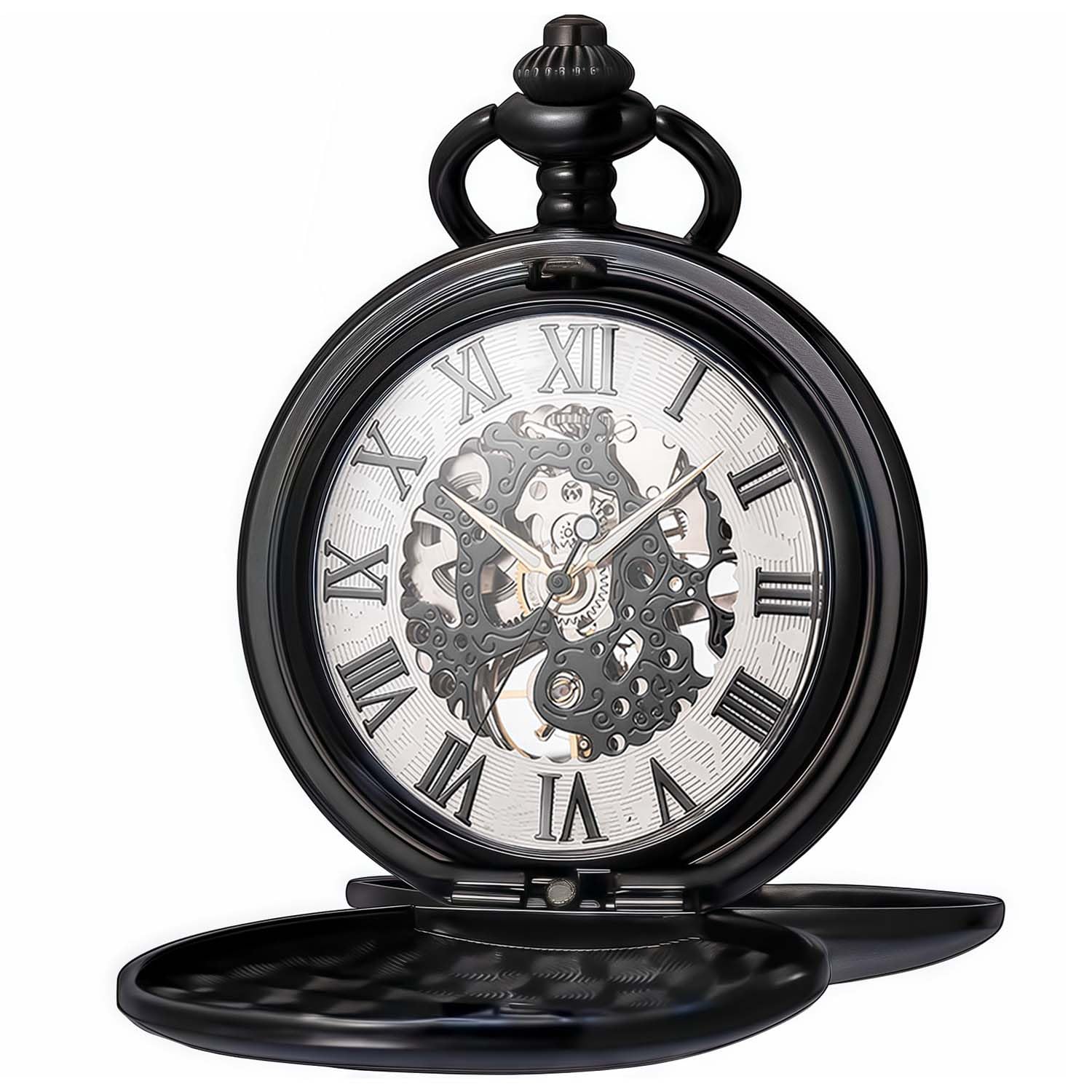 Mechanical Roman Numerals Dial Skeleton Pocket Watches with Box and Chains for Mens Women