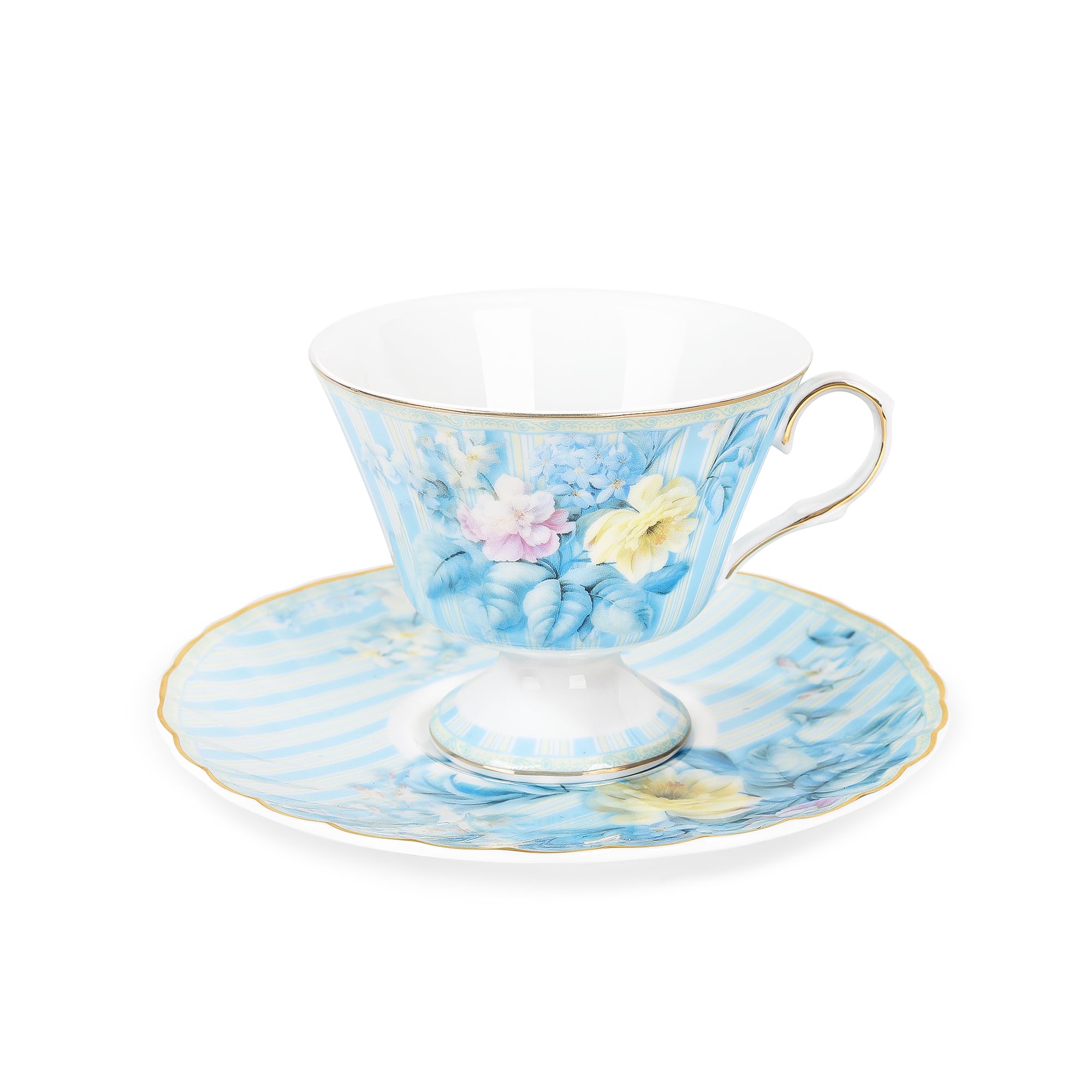 fanquare Bone China Cup and Saucer Set, Blue Hydrangea Floral Coffee Cups, 170ml Vintage British Porcelain Teacup for Women Gifts