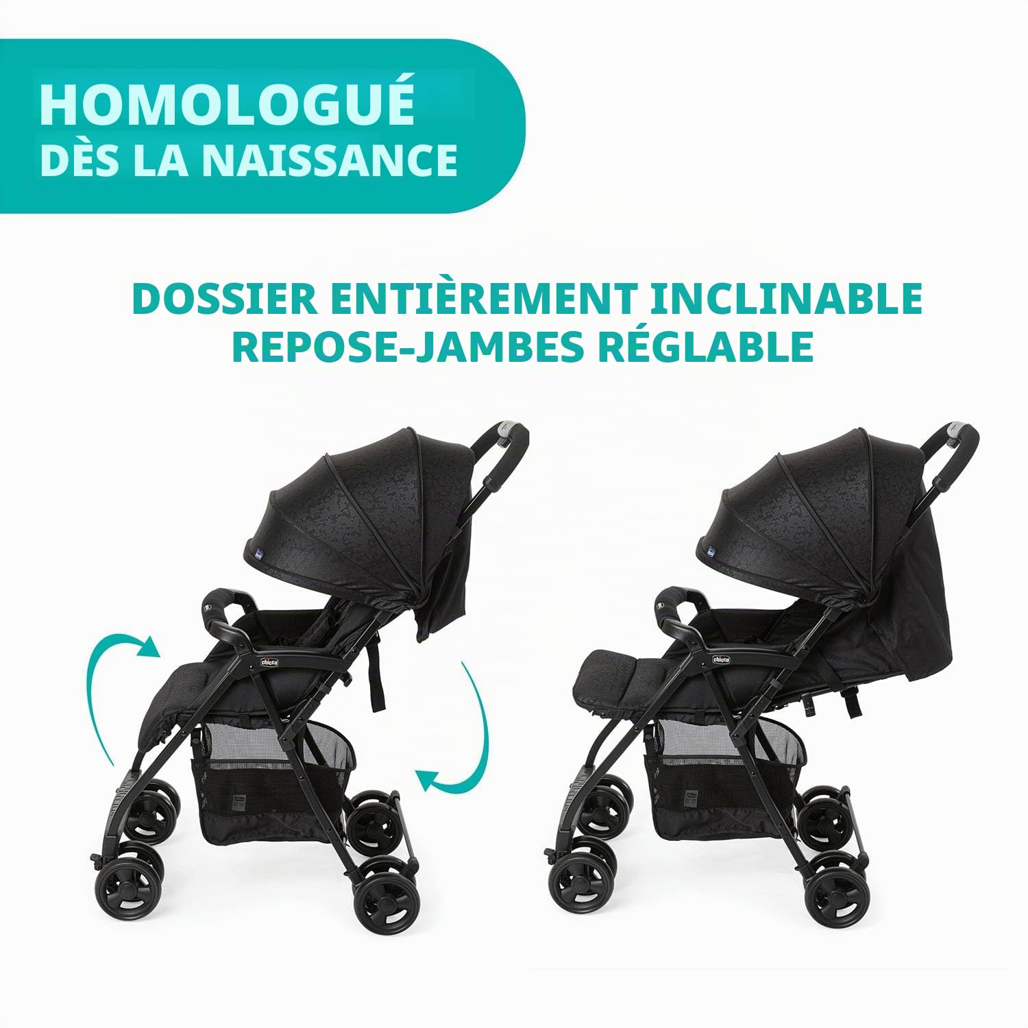 Chicco OHlalà 3 Poussette Canne Bébé Ultra légère, Compacte, Pliable et Inclinable de la Naissance à 15 kg, avec un Grand Panier, Housse de Pluie Incluse, et Toit Extensible - Jet Black