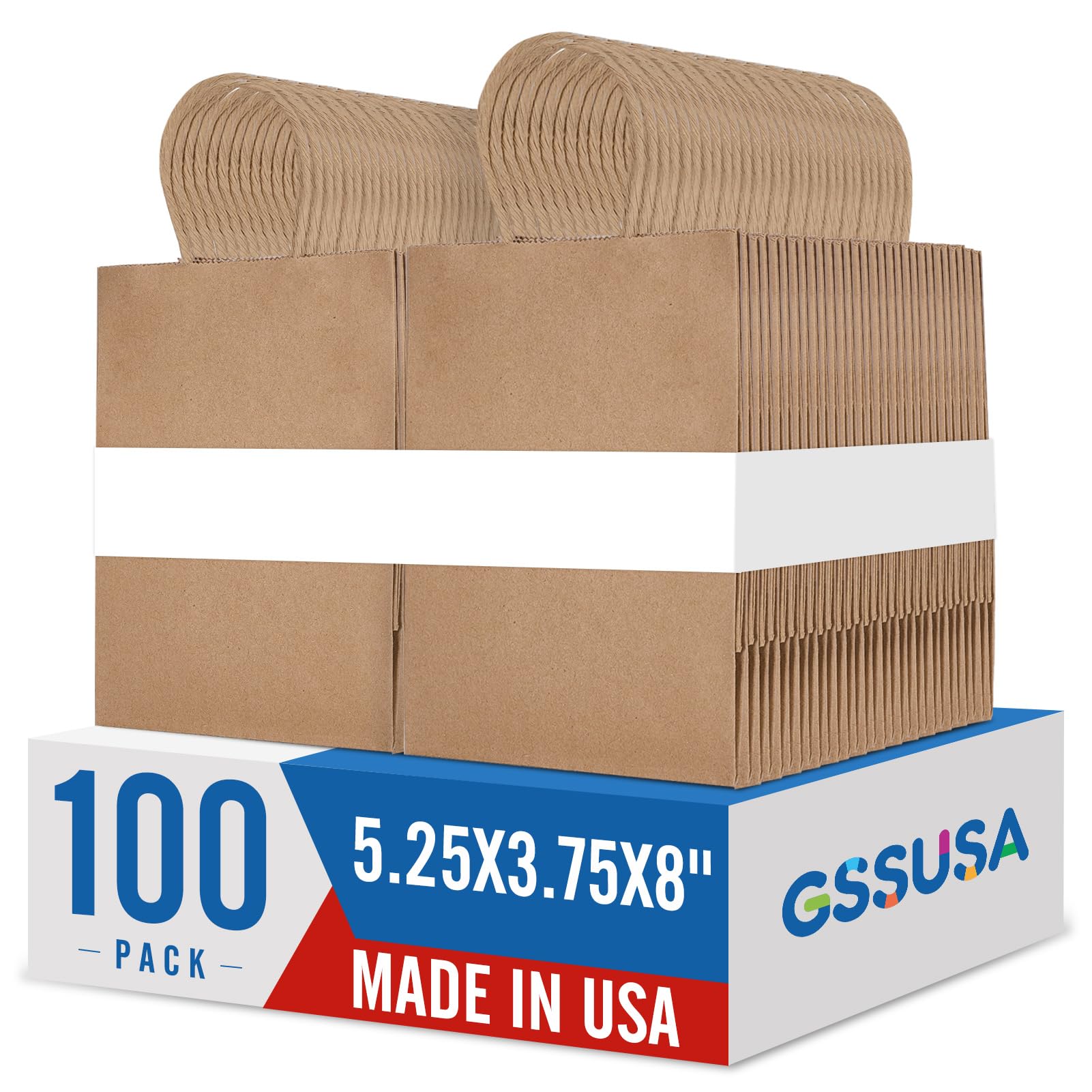 GSSUSA 100 Pack Paper Gift Bags 5.25x3.75x8 Inch Small Brown Paper Bags with Handles Bulk, Brown Kraft Bag for Small Business, Sturdy Grocery Retail Shopping Birthday Party Favor Craft Bag （Made in USA）