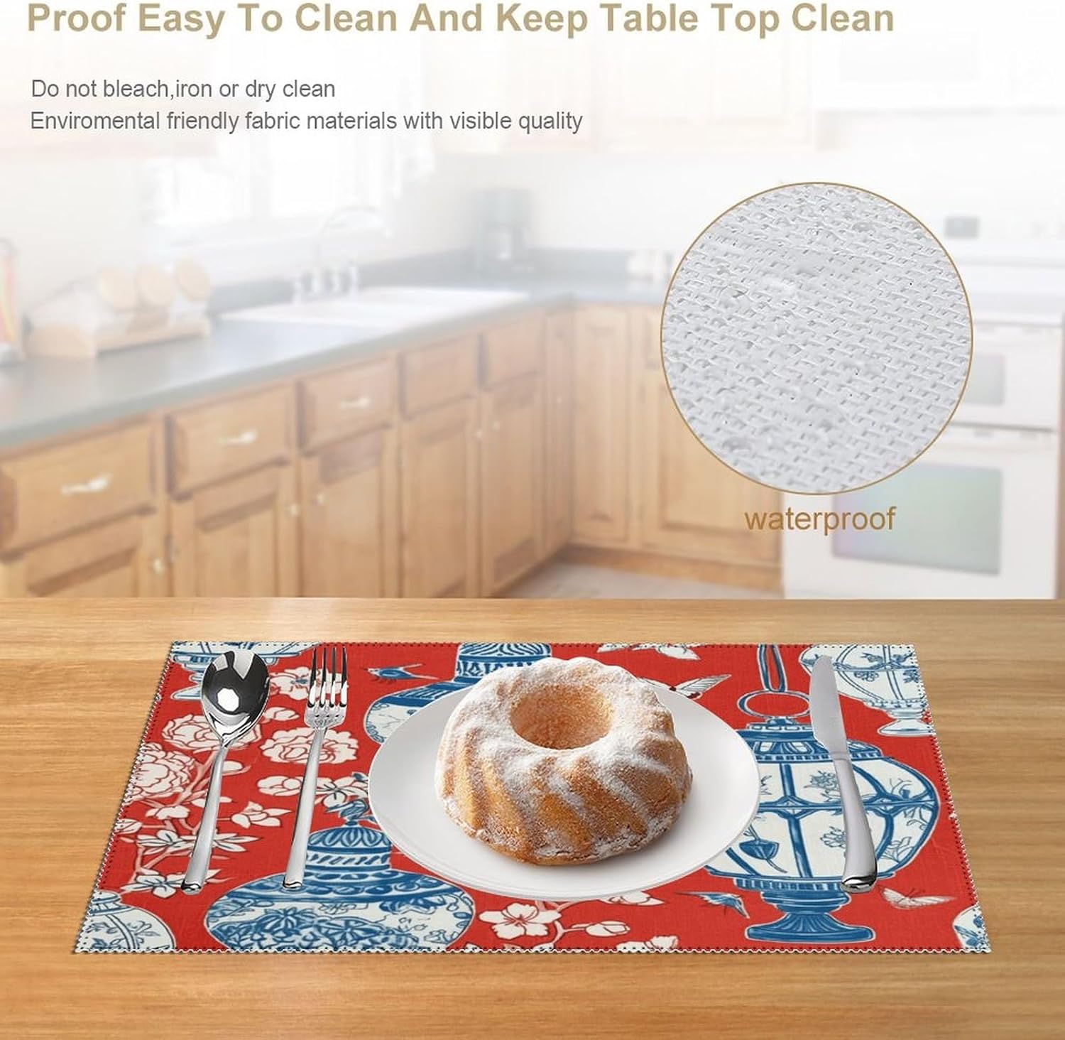Place Mat Set Blue Ginger Jar Chinoiserie Inspired Asian Inspired Washable Cloth Fabric Place Mats Decorative Anti-Slip Placemat Set Great for Kitchen Dining Table Christmas Party