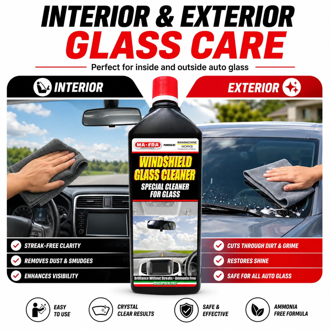 Windshield Glass Cleaner 1L | Ammonia Free Car Glass Cleaner Liquid for Windshield, Windows, Mirrors & Auto Glass | Streak-Free Shine, Removes Dust, Dirt, Grime & Road Film 3