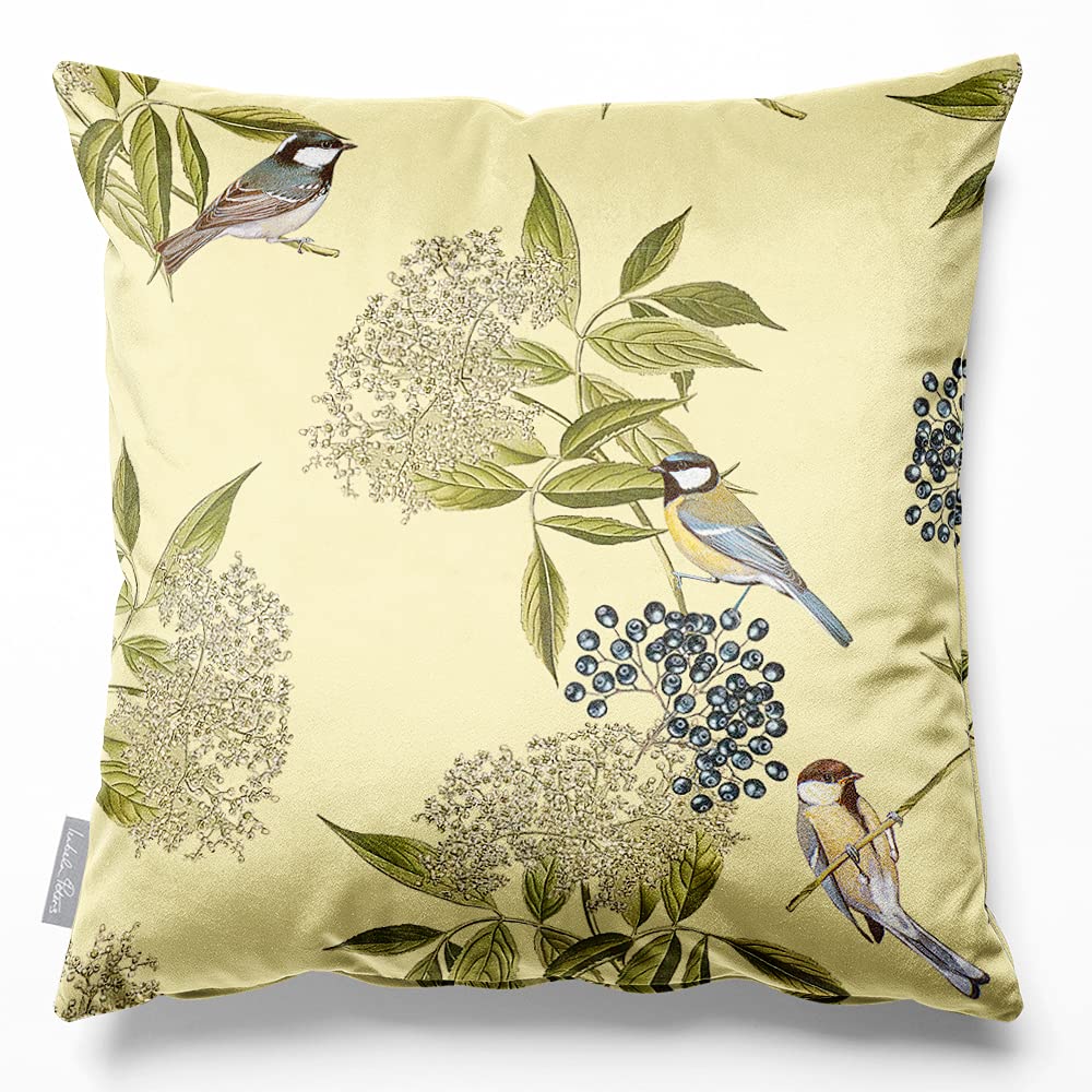 Izabela Peters Bird On Elderflower - Cream Velvet Cushions - Filled, Eco-Friendly, 40 Cm, Chair & Sofa Seat Cushions