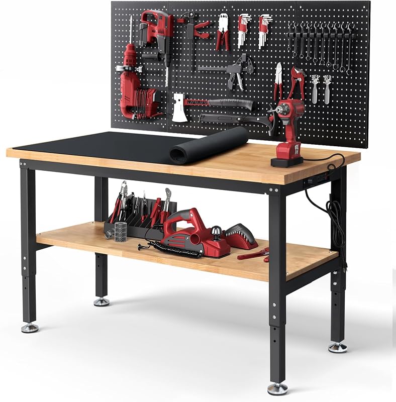 60" Adjustable Height Workbench with Storage Shelf, Pegboard & Power Outlet, 3000 LBS Heavy Duty Workstation with Solid Rubberwood Top for Garage & Workshop