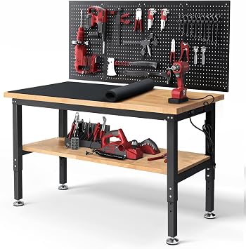 ENJOYWOOD 60" Adjustable Height Workbench with Storage Shelf, Pegboard & Power Outlet, 3000 LBS Heavy Duty Workstation with Solid Rubberwood Top for Garage & Workshop