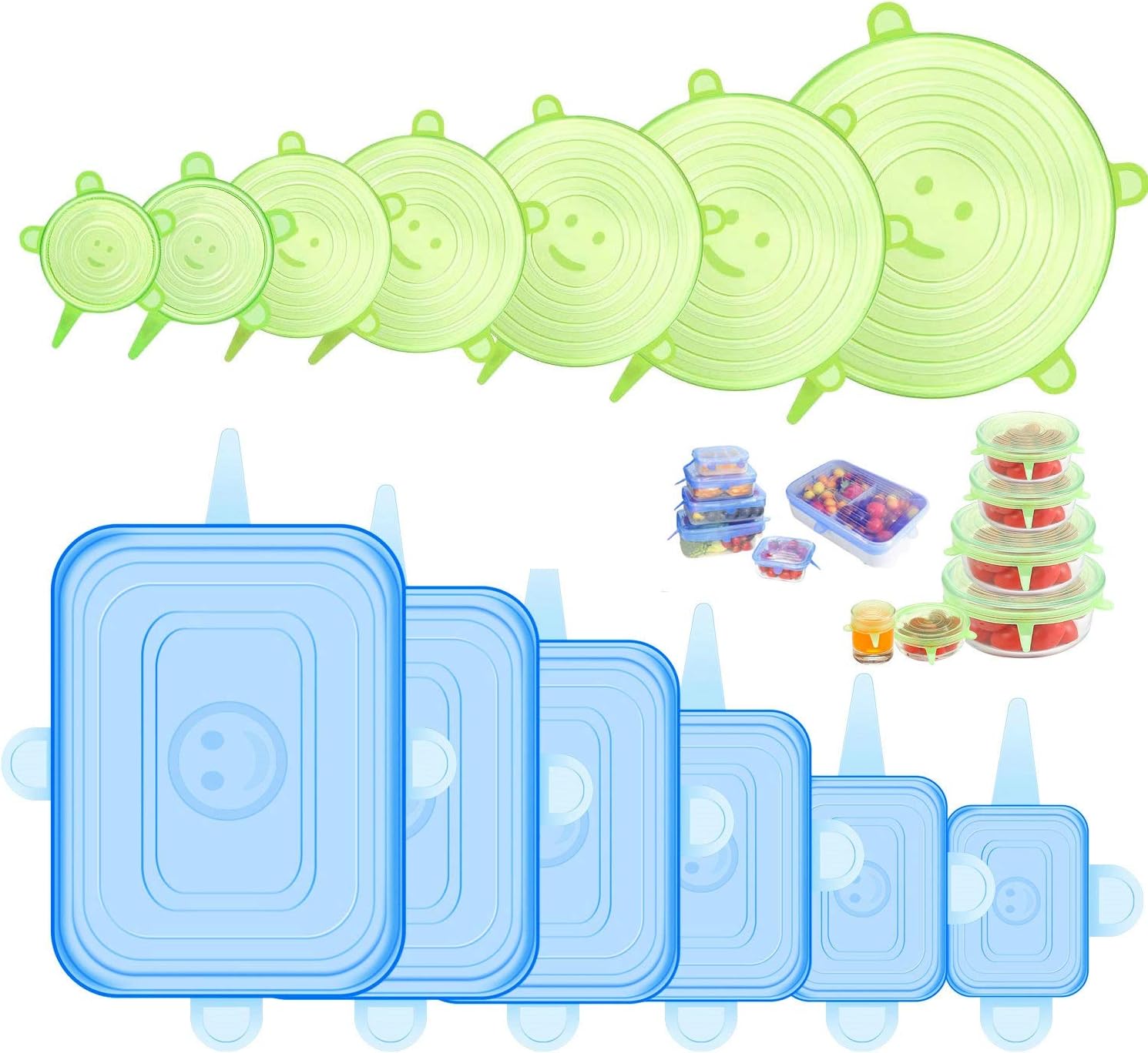 Silicone Stretch Lids for Food Storage in Fridge, 12 Pack Silicone Lids, Reusable Food Grade Silicone Bowl Covers for Cups, Bowls and Dish, 6 Sizes Round and Rectangle Shape