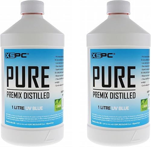 XSPC Pure Premix - Refrigerante destilado para PC, 1 litro, azul UV, paquete de 2