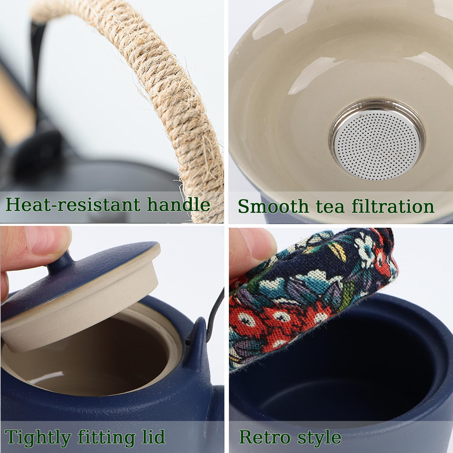 14 Pièces Thé Complet - Service à thé en Porcelaine avec et Plateau, Service à thé Japonais, Service à thé chinois pour Thé en Vrac,6 Tasses en Céramique Isolées de 120 ml,220ml Théière Thés à Fleurs